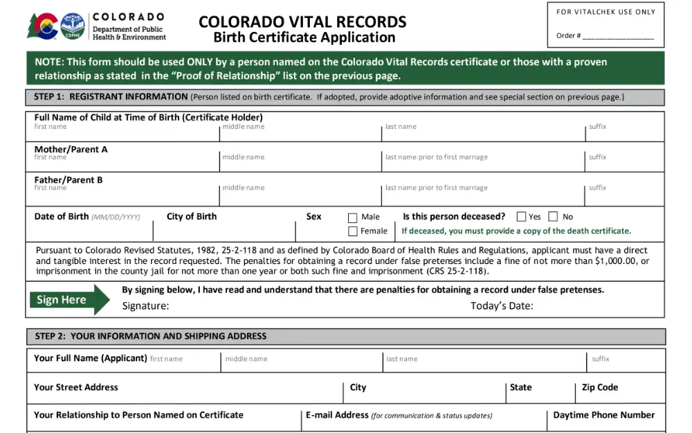 A screenshot of the Birth Certificate Application form for the Colorado Department of Public Health & Environment displays the necessary fields that the requester must complete.