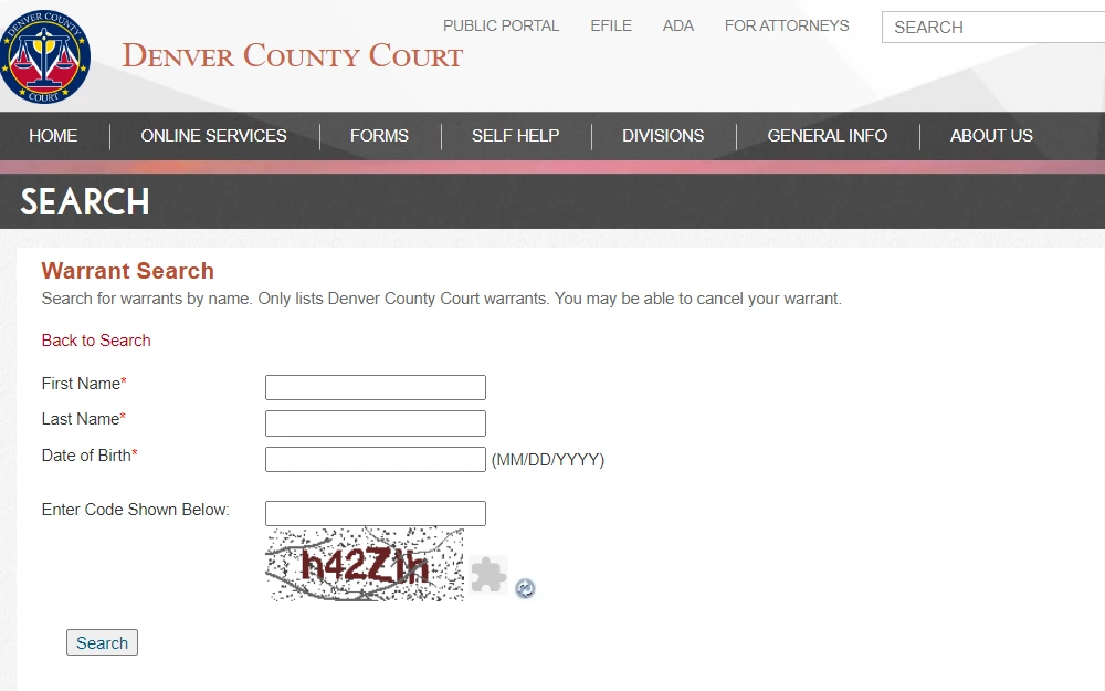A screenshot of the warrant search page on the Denver County Courts website requires searchers to input an individual's last name and first name, DOB and enter the code to search.