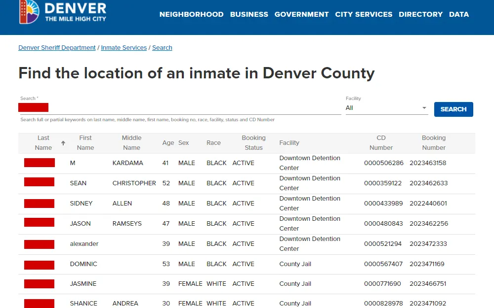 A screenshot of the inmate search results on the Denver County Sheriff's Department page displays offenders' information such as full name, age, sex, race, booking number and status, facility and CD Number.