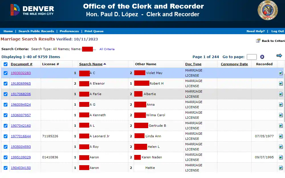 A screenshot of the marriage search results on the website of the Office of the Clerk and Recorder in Denver, Colorado displays a list of marriage licenses, including document and license number, name and recorded date.