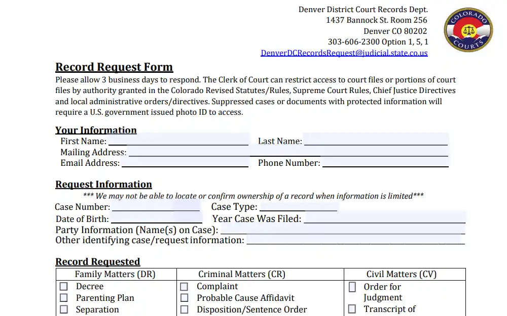 A screenshot of the Record Request Form to the Denver District Court Records Department shows the necessary information to complete the request, including the department's address and logo in the right corner.