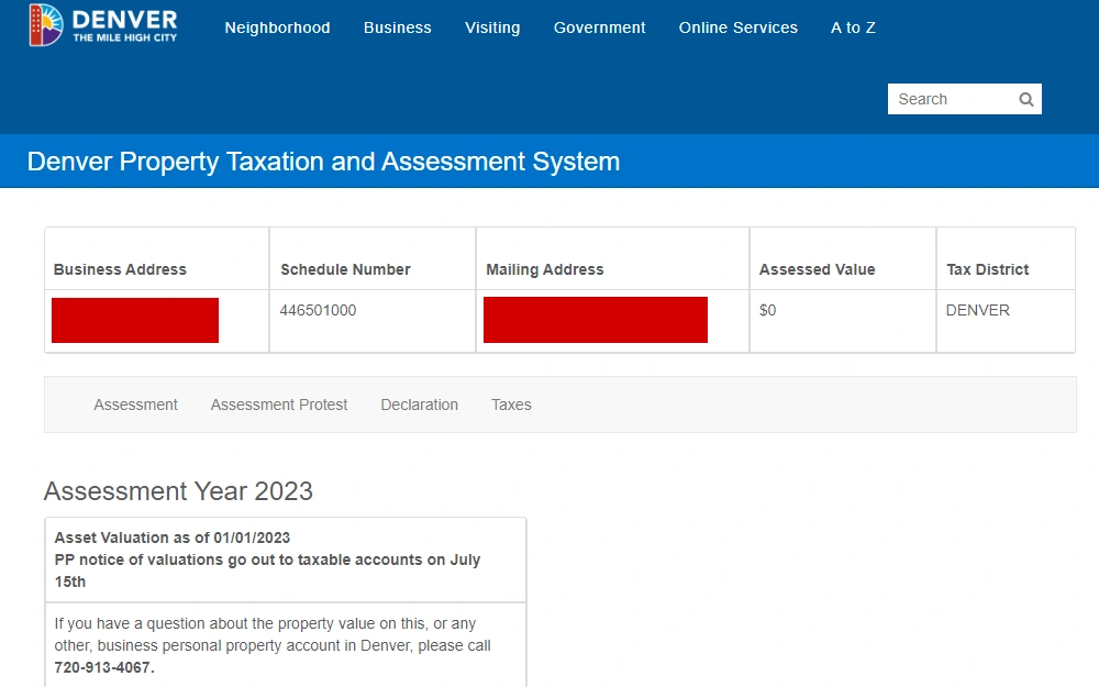 In search results, a screenshot of the Denver Property Taxation and Assessment System displays the business address, schedule number, mailing address, assessed value, and tax district.