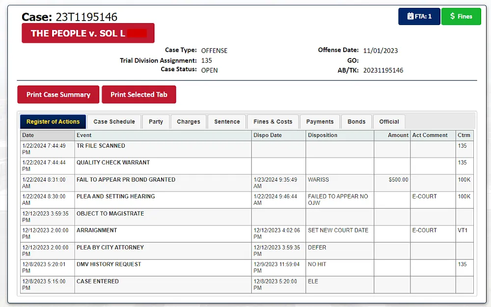 A screenshot showing case information such as the case number, name, case type, trial division assignment, case status, offense date, GO, AB/TK, register of actions, case schedule, party, changes, sentences, fines and costs, payments, bonds, and others.
