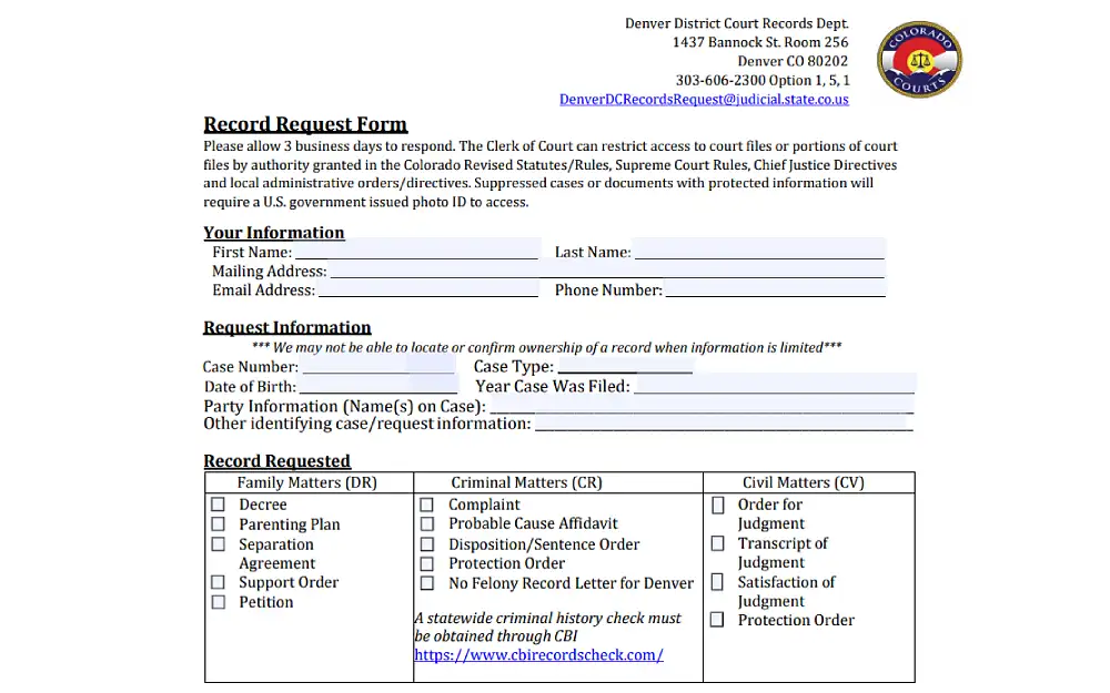 A screenshot of a record request form that requires details such as first name, mailing address, email address, last name, phone number, case number, date of birth, case type, date of birth, year the case was filed, and others.