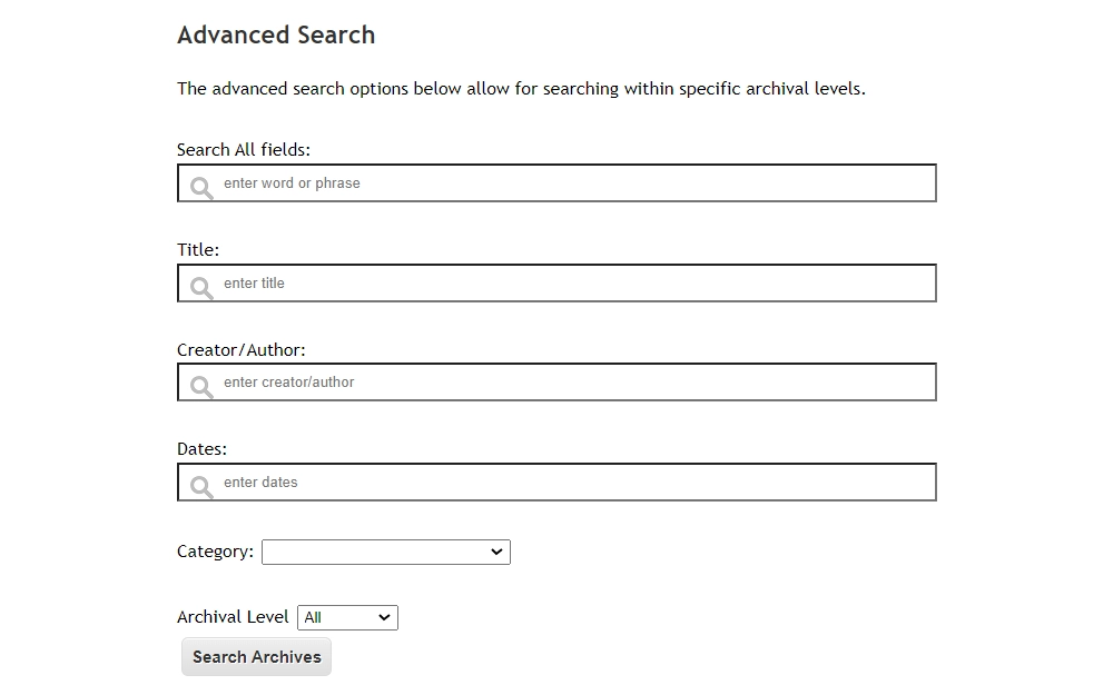 Screenshot of the archives search of Colorado displaying the fields for word or phrase, title, creator, and dates and the drop-down menus for a category and archival level.