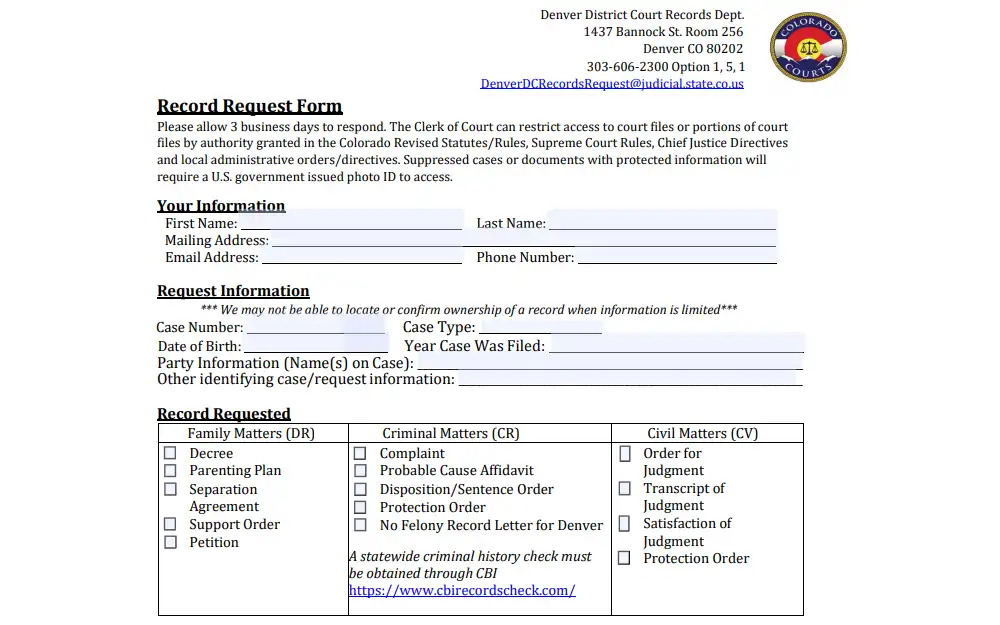 Screenshot of a part of the records request form for Denver County records, showing sections for the requestor and request information and the record requested checkbox.