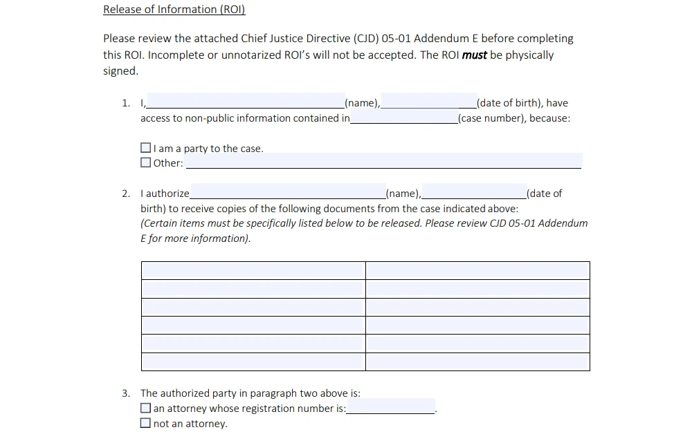 Screenshot of a part of the release of information form, including fields provided for the requestor's information, case number, authoritative party information, and documents requested.