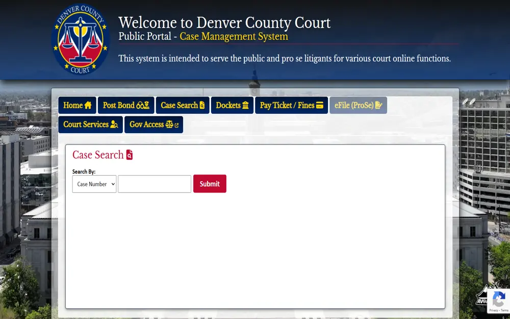 A screenshot of the case management system's quick search page on the Denver County Court website requires users to input the case number to search.